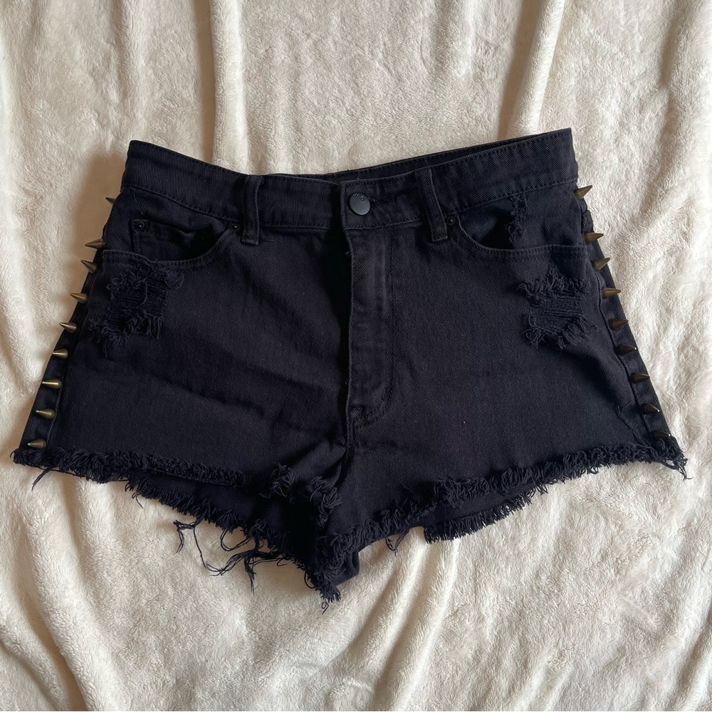 BDG GorpCore Indie Punk Spiked High Rise Cheeky Shorts Black Distressed Denim 31